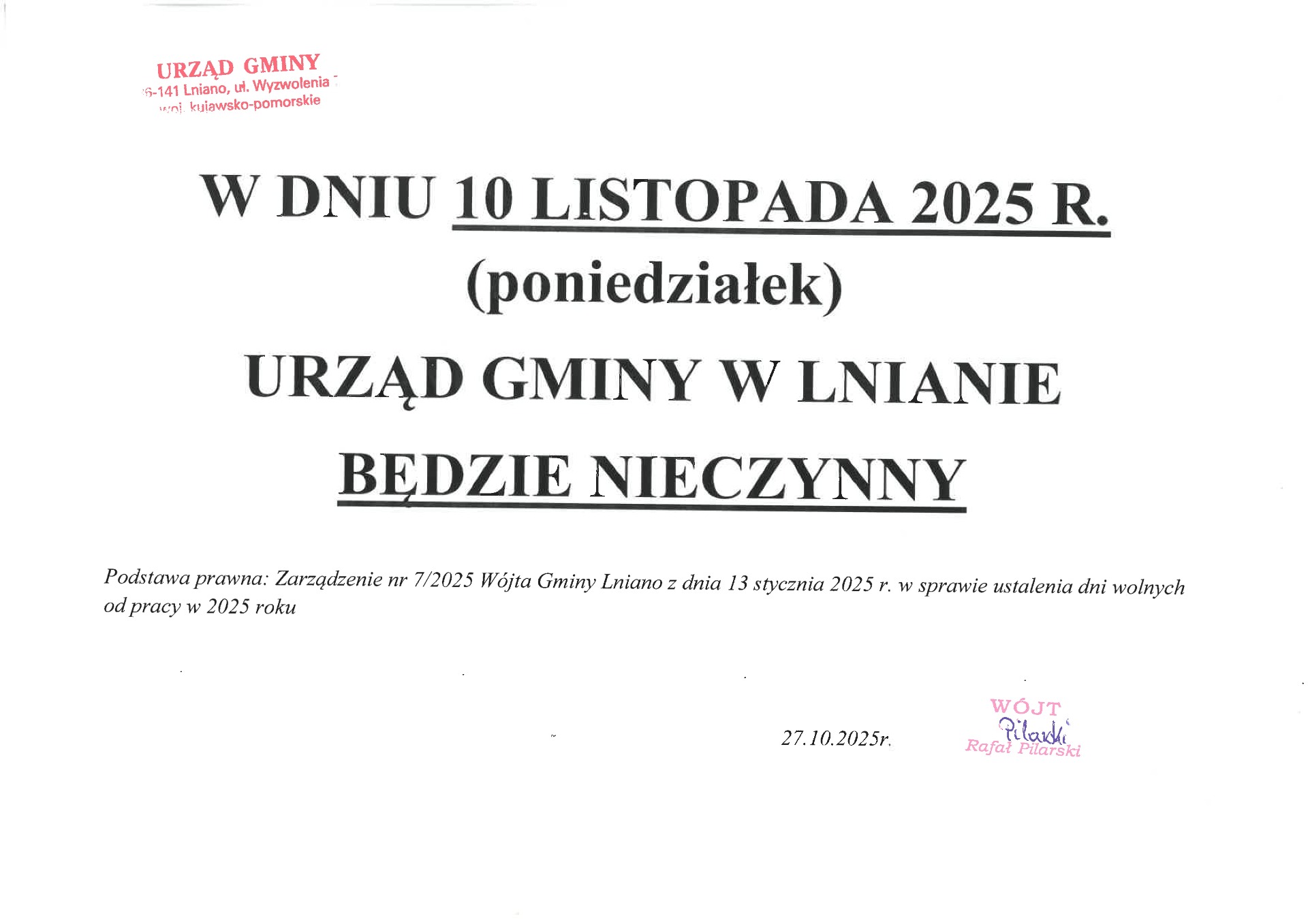 W dniu 10 listopada 2025 r. Urząd Gminy w Lnianie będzie nieczynny