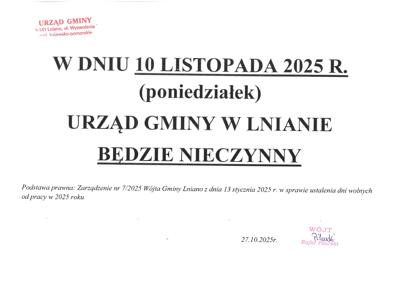 W dniu 10 listopada 2025 r. Urząd Gminy w Lnianie będzie nieczynny