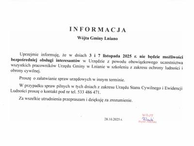 Dnia 3 i 7 listopada 2025 r. nie będzie możliwości bezpośredniej obsługi interesantów w Urzędzie Gminy w Lnianie