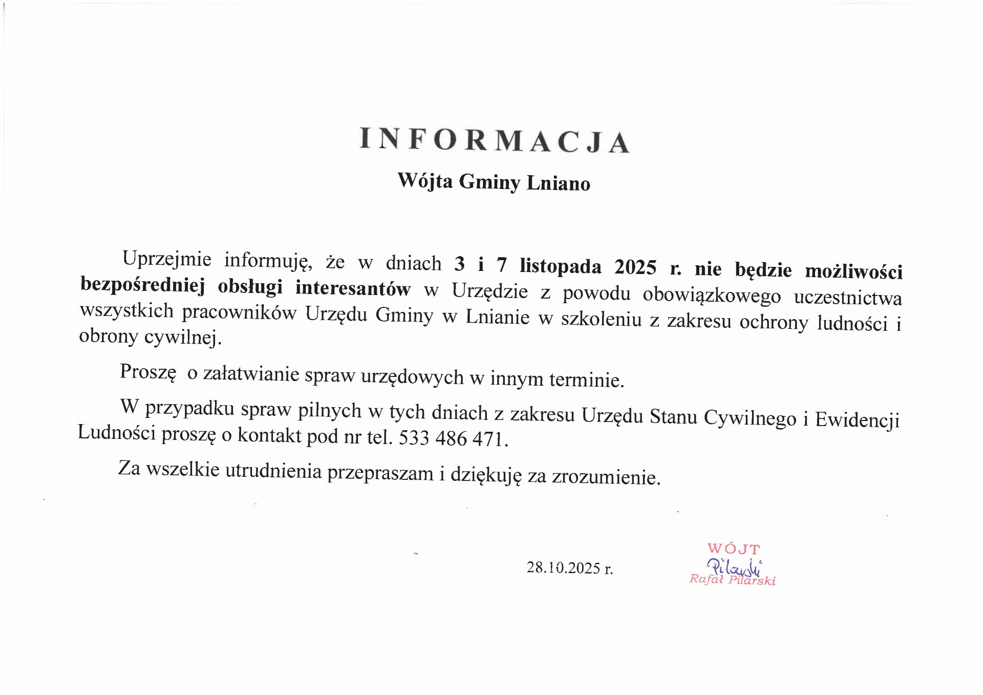 Dnia 3 i 7 listopada 2025 r. nie będzie możliwości bezpośredniej obsługi interesantów w Urzędzie Gminy w Lnianie