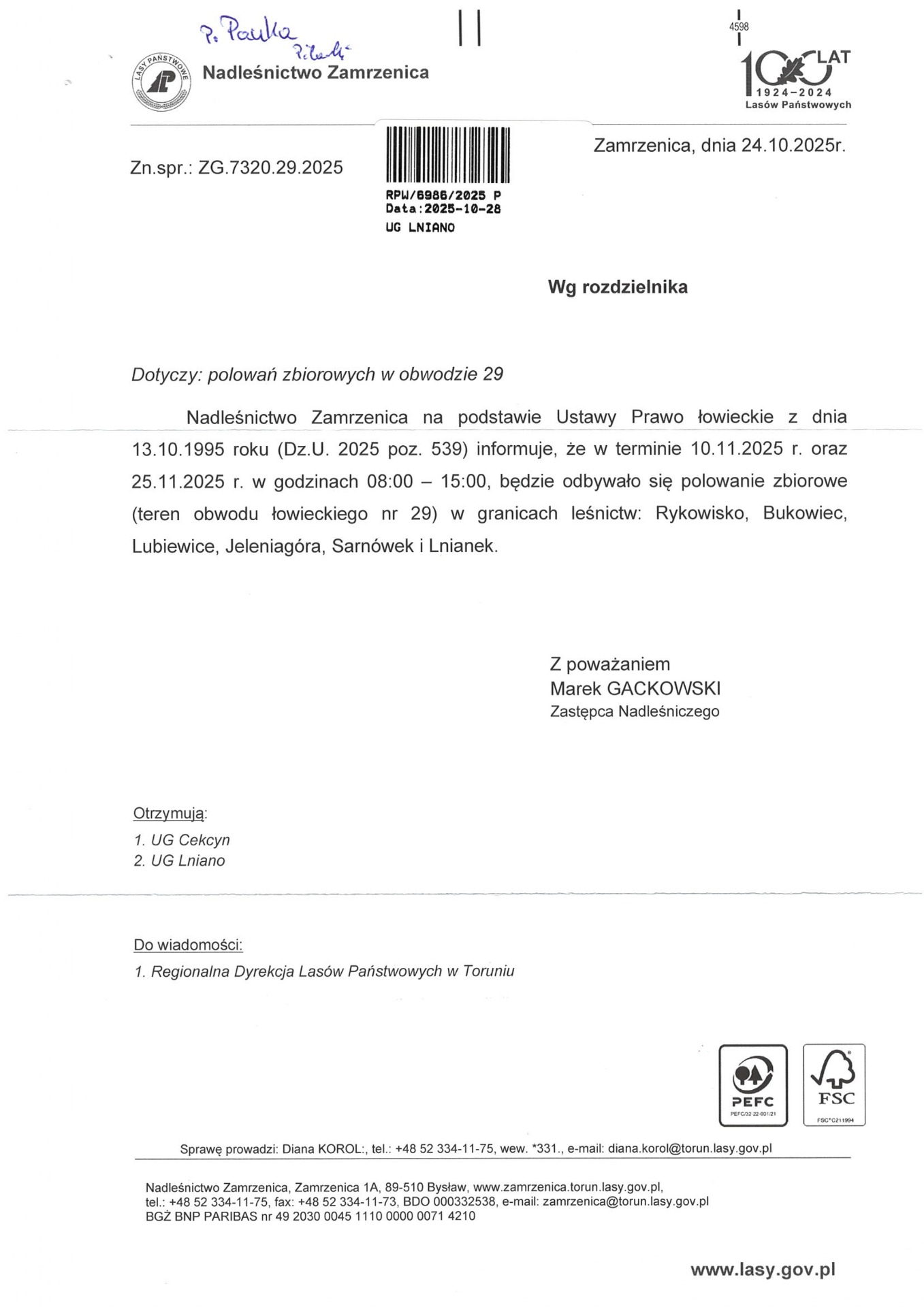 Polowanie zbiorowe - Rykowisko, Bukowiec, Lubiewice, Jeleniagóra, Sarnówek i Lnianek