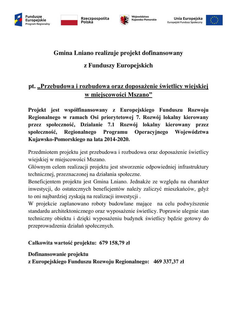 Tablica informacyjna przebudowa i rozbudowa oraz doposażenie świetlicy wiejskiej w miejscowości Mszano