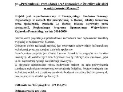 Tablica informacyjna przebudowa i rozbudowa oraz doposażenie świetlicy wiejskiej w miejscowości Mszano