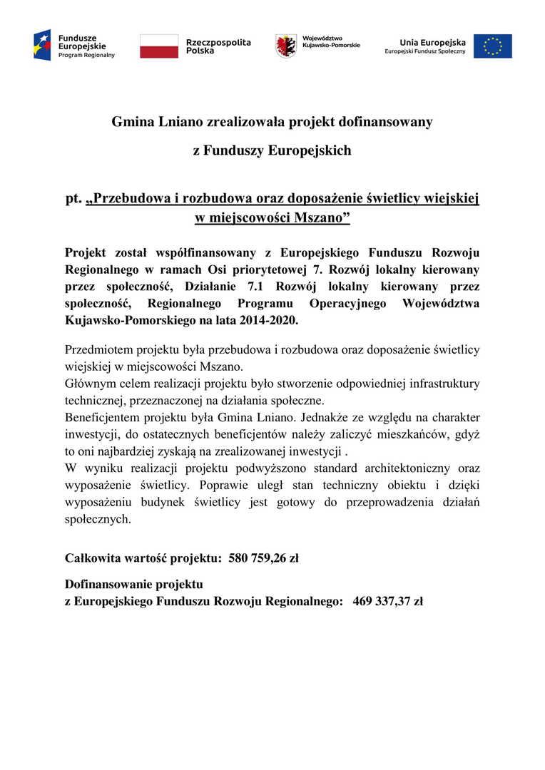 Tablica informacyjna przebudowa i rozbudowa oraz doposażenie świetlicy wiejskiej w miejscowości Mszano