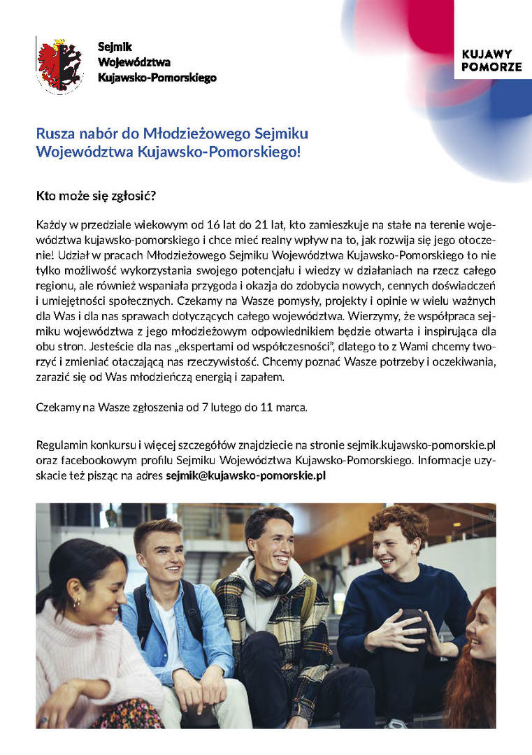 Plakat informacyjny o naborze do młodzieżowego sejmiku województwa kujawsko-pomorskiego