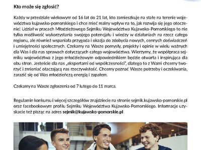 Plakat informacyjny o naborze do młodzieżowego sejmiku województwa kujawsko-pomorskiego