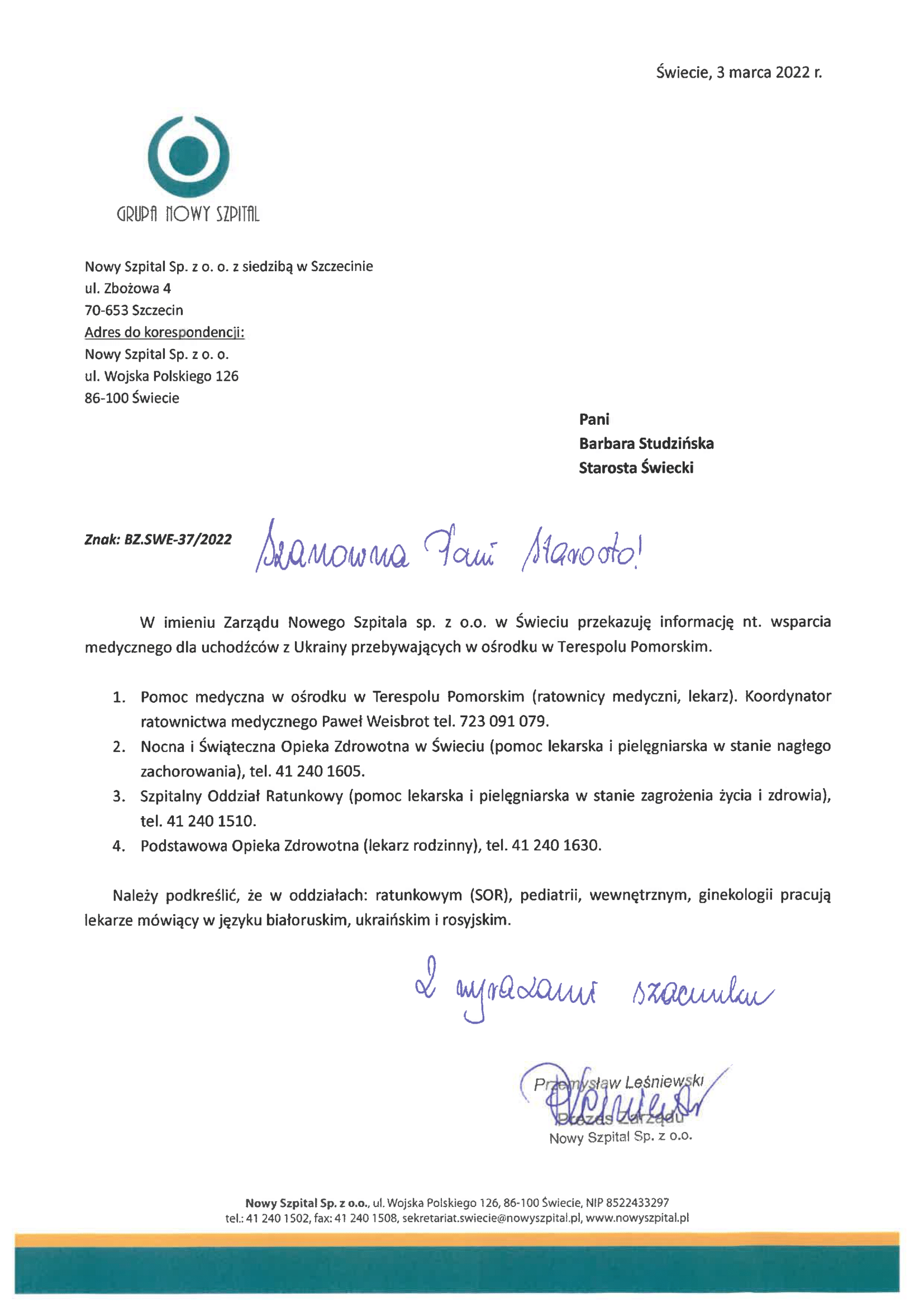 Wsparcie medyczne dla uchodźców z Ukrainy przebywających w ośrodku w Terespolu Pomorskim