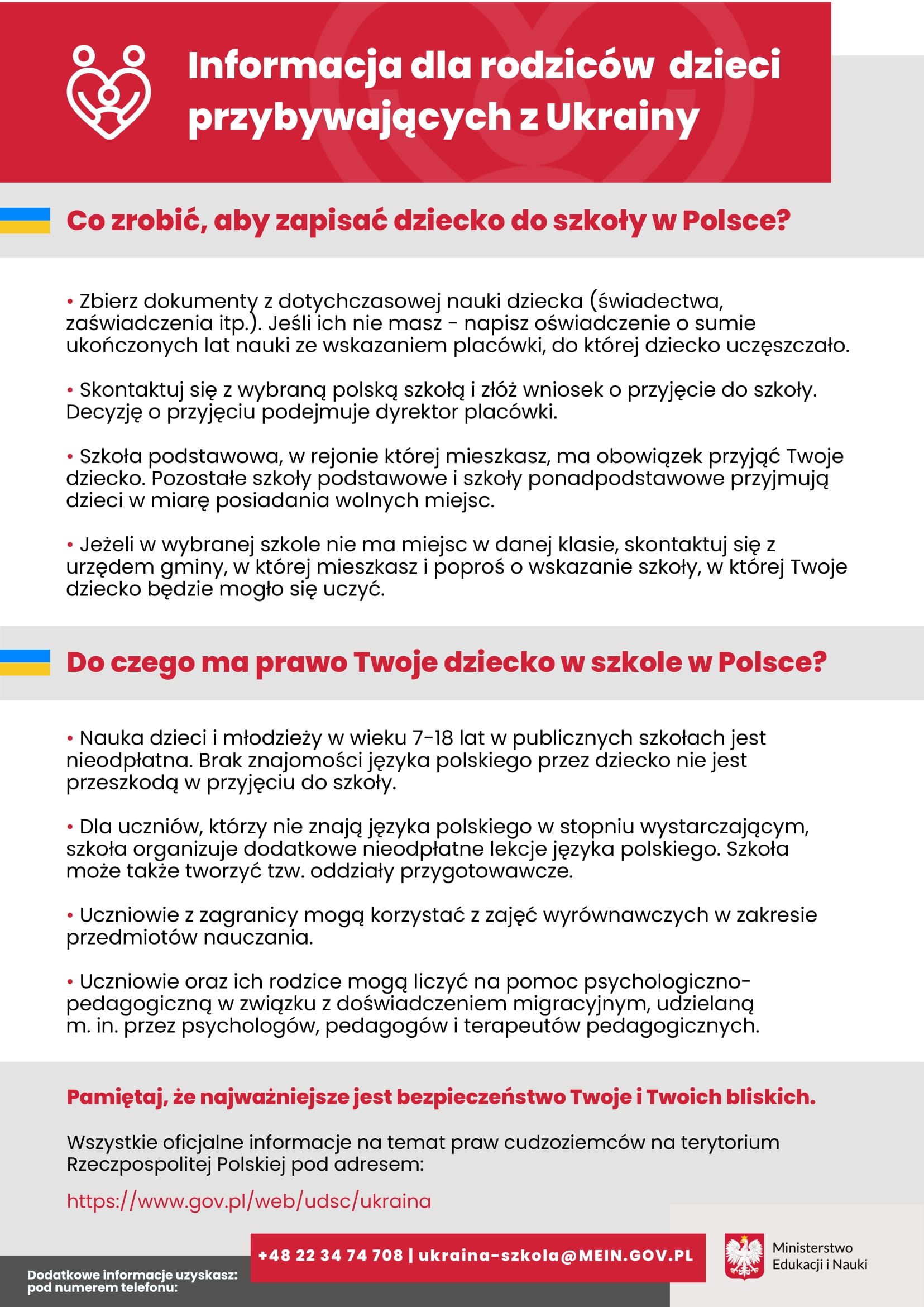 Informacja dla rodziców dzieci przybywających z Ukrainy - wersja w języku polskim