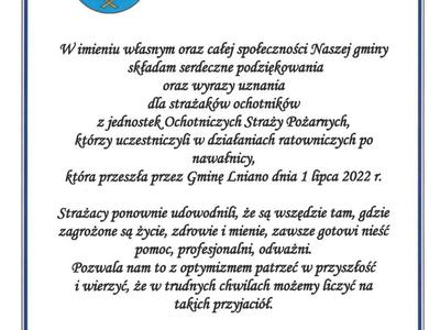 Podziękowanie dla strażaków ochotników z jednostek Ochotniczych Straży Pożarnych