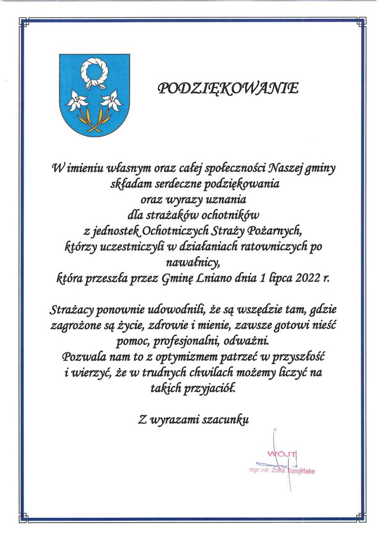 Podziękowanie dla strażaków ochotników z jednostek Ochotniczych Straży Pożarnych