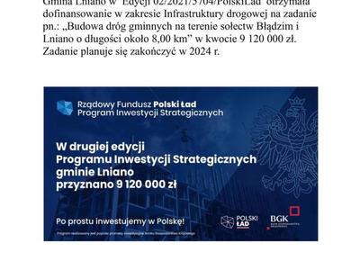 „Budowa dróg gminnych na terenie sołectw Błądzim i Lniano o długości około 8,00 km”