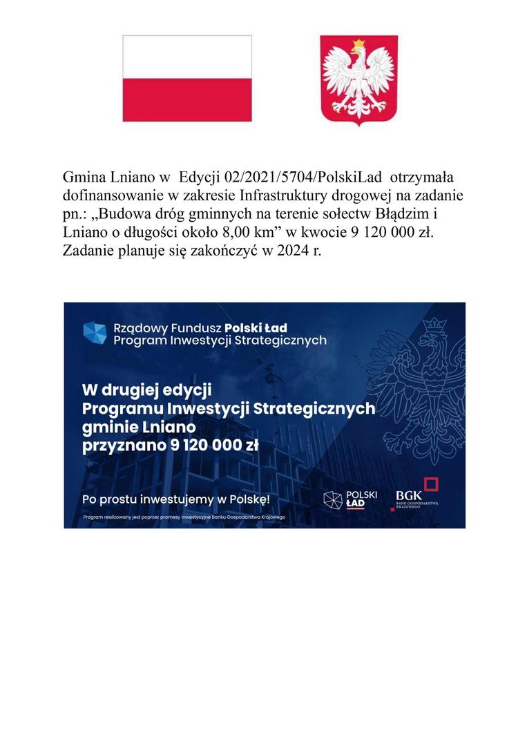 „Budowa dróg gminnych na terenie sołectw Błądzim i Lniano o długości około 8,00 km” 