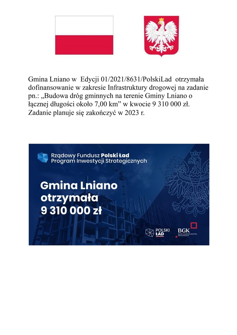 „Budowa dróg gminnych na terenie Gminy Lniano o łącznej długości około 7,00 km” 