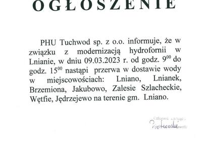 ogłoszenie - przerwa w dostawie wody