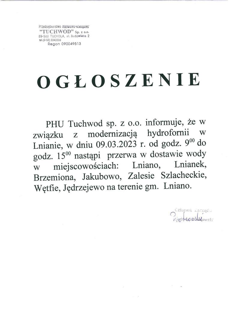ogłoszenie - przerwa w dostawie wody