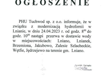informacja - przerwa w dostawie wody
