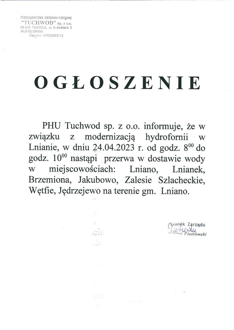 informacja - przerwa w dostawie wody