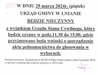 Urząd Gminy w Lnianie będzie nieczynny