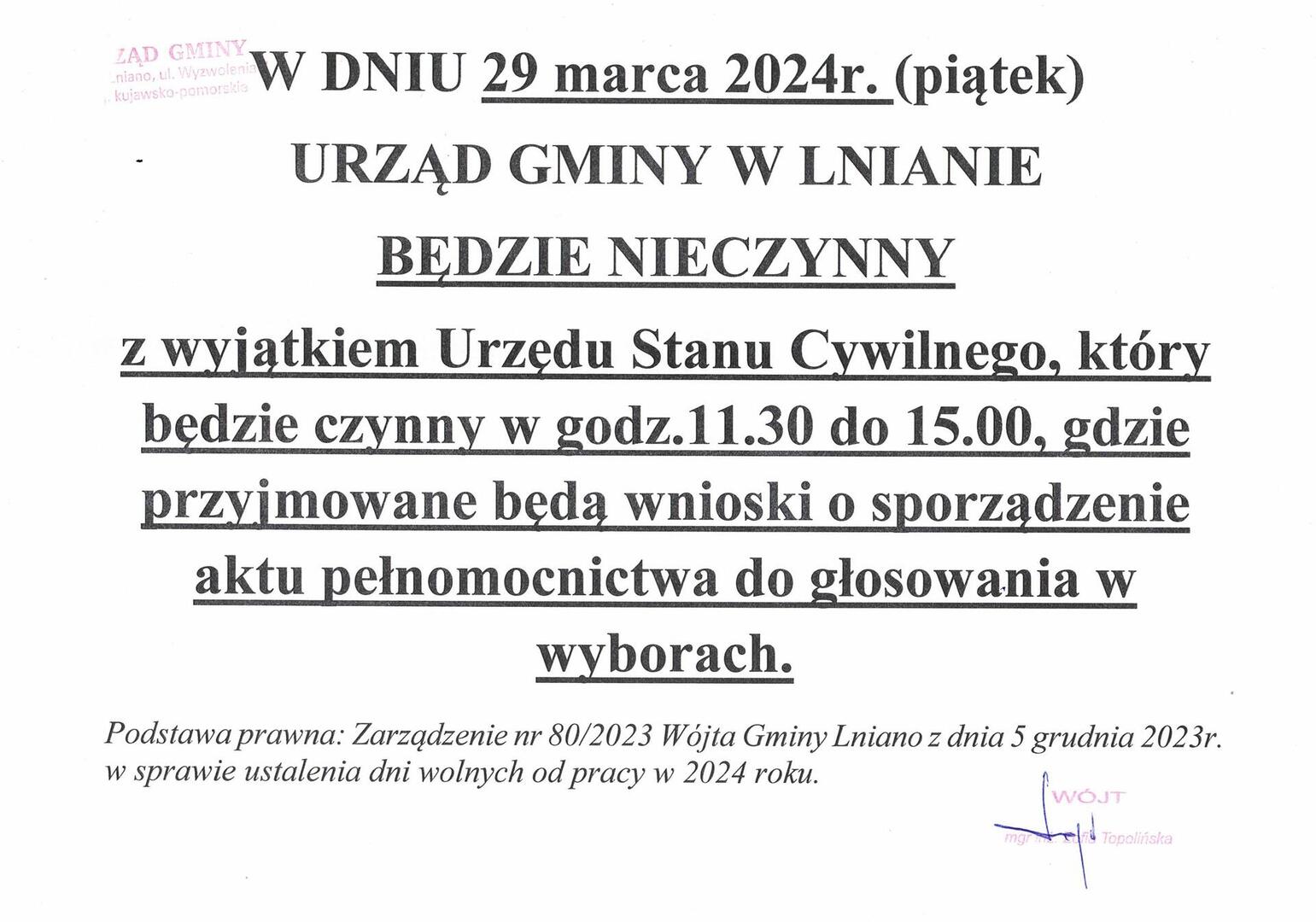 Urząd Gminy w Lnianie będzie nieczynny