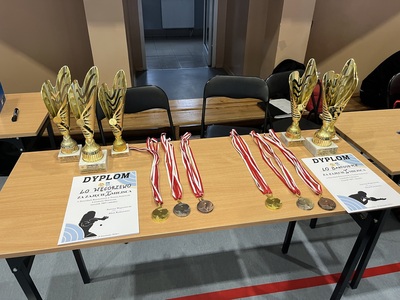 na zdjęciu na stole leżą medal,e dyplomy oraz puchary