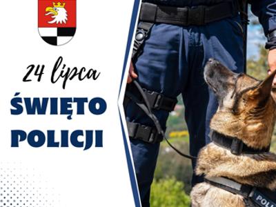 grafika, napis święto policji, herb powiatu węgorzewskiego oraz KPP w Węgorzewie, na zdjęciu funkcjonariusz z psem