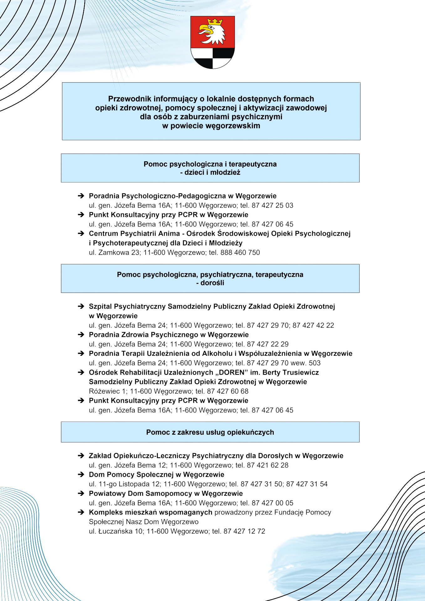 cz.1 Przewodnik informujący o lokalnie dostępnych formach opieki zdrowotnej, pomocy społecznej i aktywizacji zawodowej dla osób z zaburzeniami psychicznymi w powiecie węgorzewskim