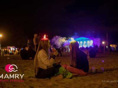 Dwie dziewczyny siedzą na plaży, a w tle scena.
