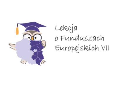 Na obrazku znajduje się fioletowa sowa i napis lekcja o funduszach europejskich
