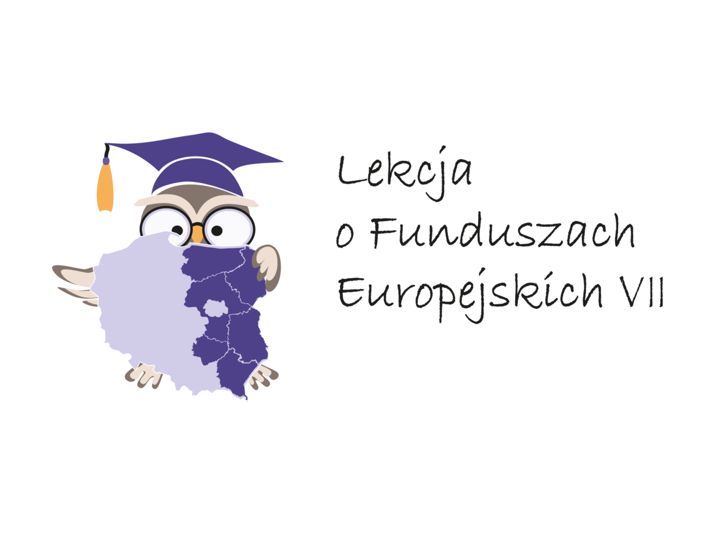 Na obrazku znajduje się fioletowa sowa i napis lekcja o funduszach europejskich