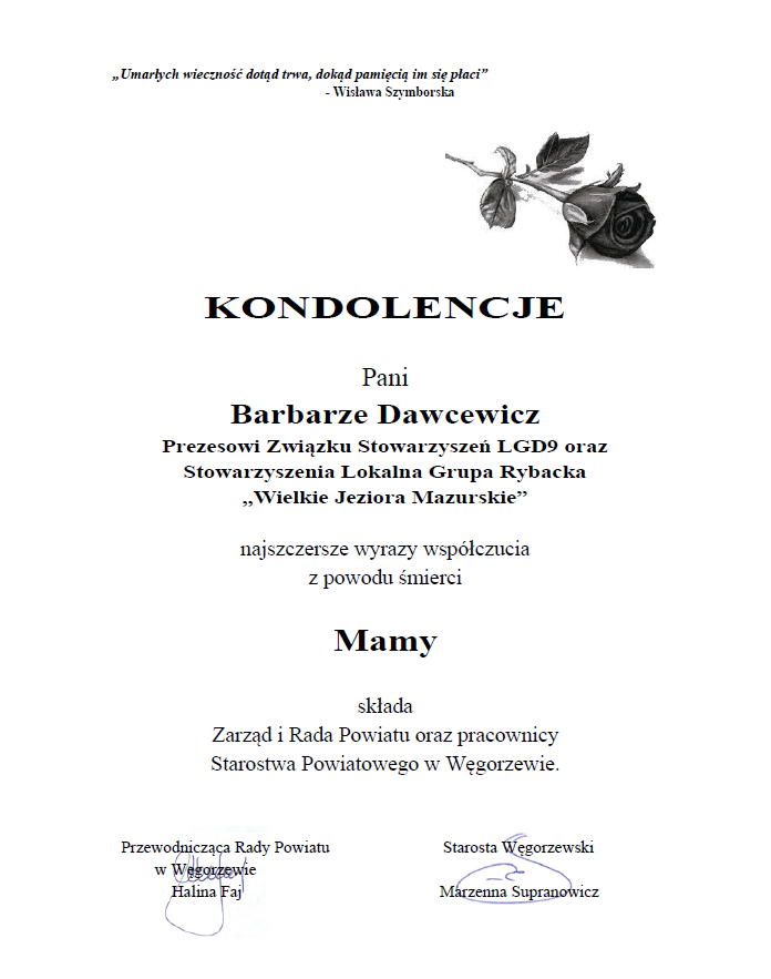 treść kondolencji - Pani Barbarze Dawcewicz z powodu śmierci Mamy