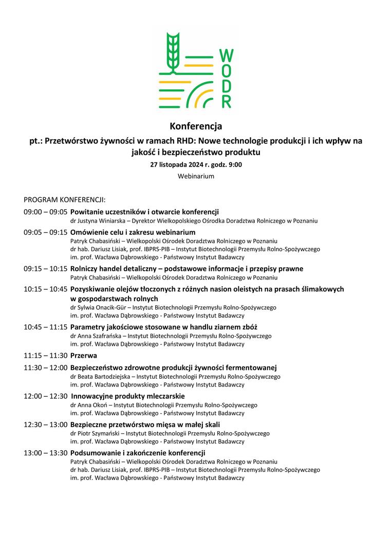 Program konferencji webinarium Przetwórstwo żywności w ramach RHD