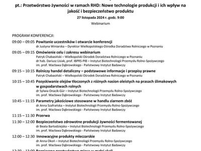 Program konferencji webinarium Przetwórstwo żywności w ramach RHD