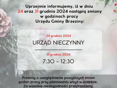 zmiana godzin pracy urzędu gminy w dniu 24 grudnia oraz 31 grudnia 2024