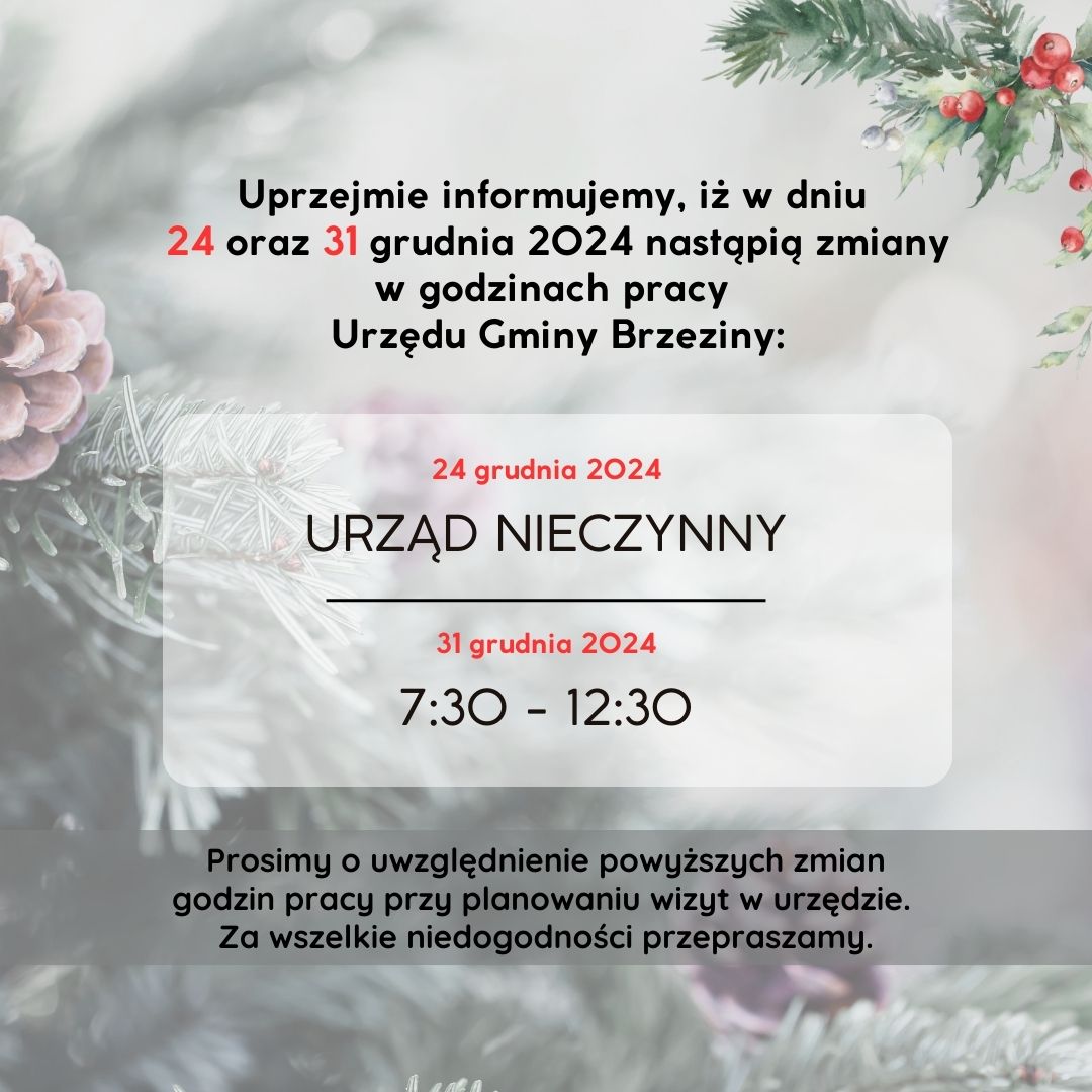 zmiana godzin pracy urzędu gminy w dniu 24 grudnia oraz 31 grudnia 2024