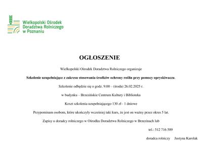 Szkolenie uzupełniające z zakresu stosowania środków ochrony roślin przy pomocy opryskiwacza