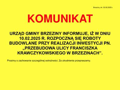 Uwaga! utrudnienia w ruchu z powodu przebudowy ulicy Franciszka Krawczykowskiego