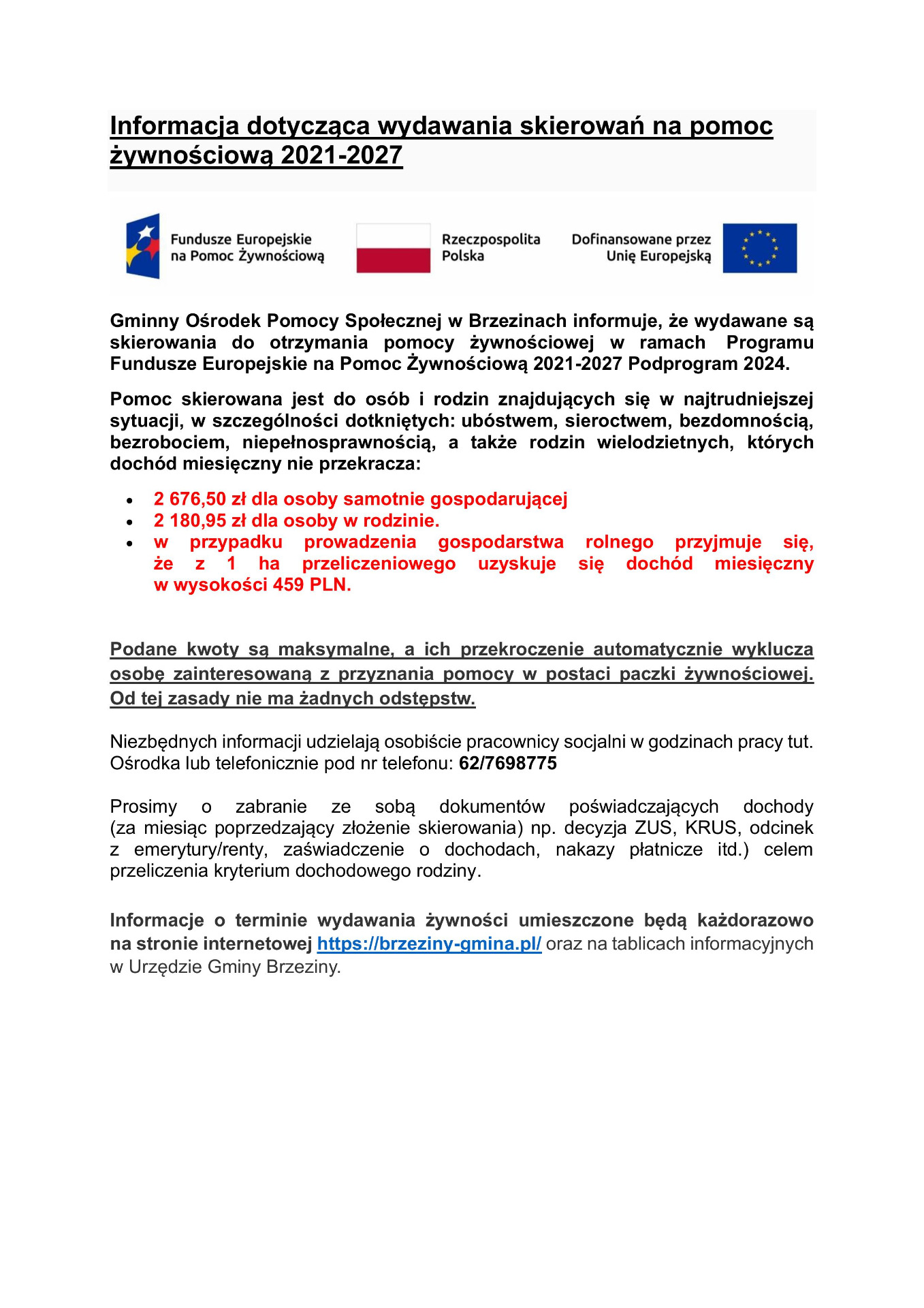 INFORMACJE - Pomoc żywnościowa dla najbardziej potrzebujących  