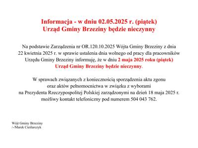 2 maja urząd gminy Brzeziny bedzie nieczynny