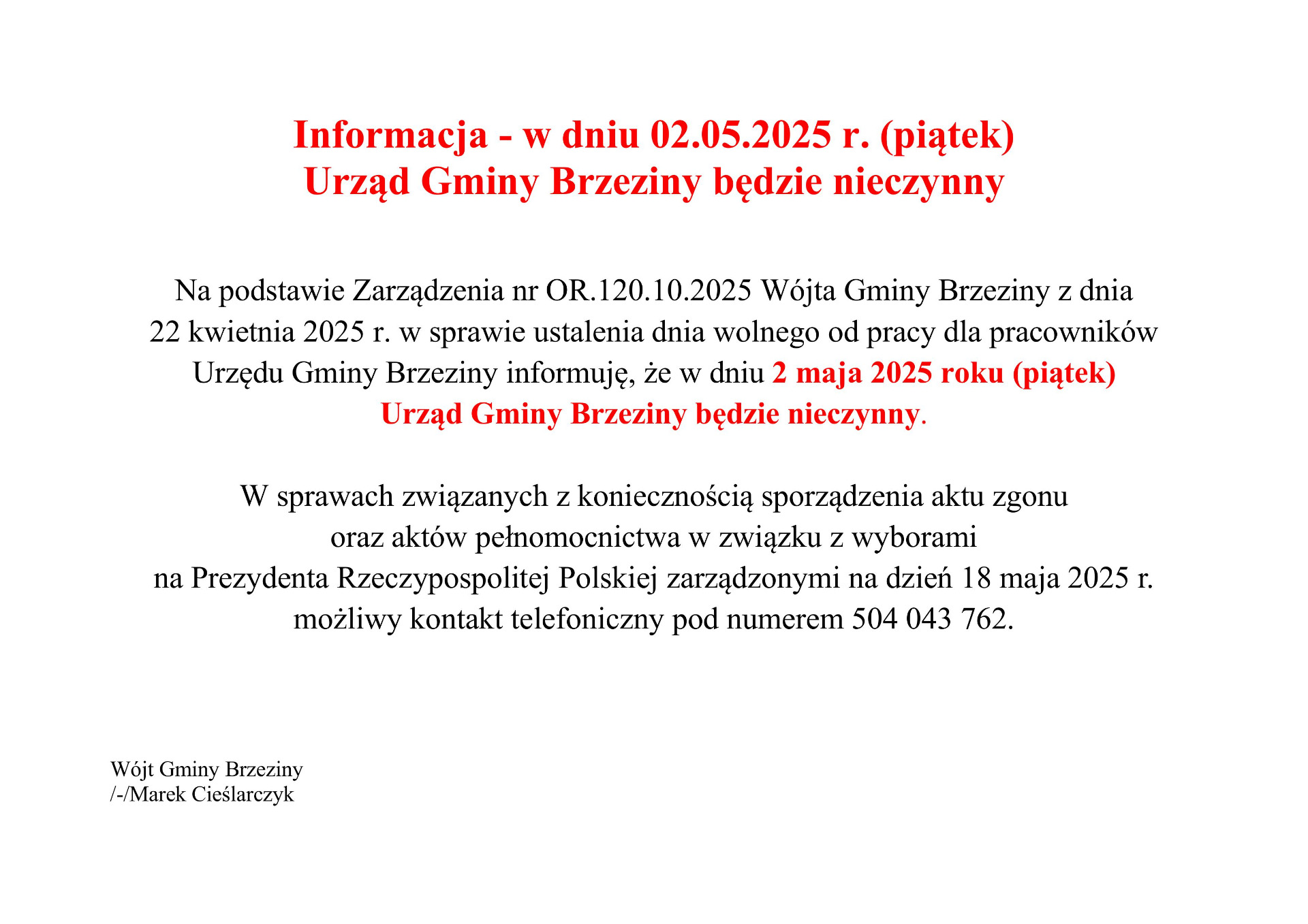 2 maja urząd gminy Brzeziny bedzie nieczynny