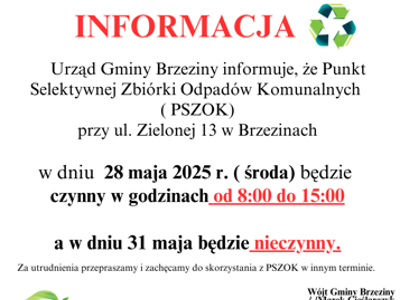 Informacja dotycząca pracy PSZOK-u w dniu 28.05.2025r. oraz 31.05.2025r.