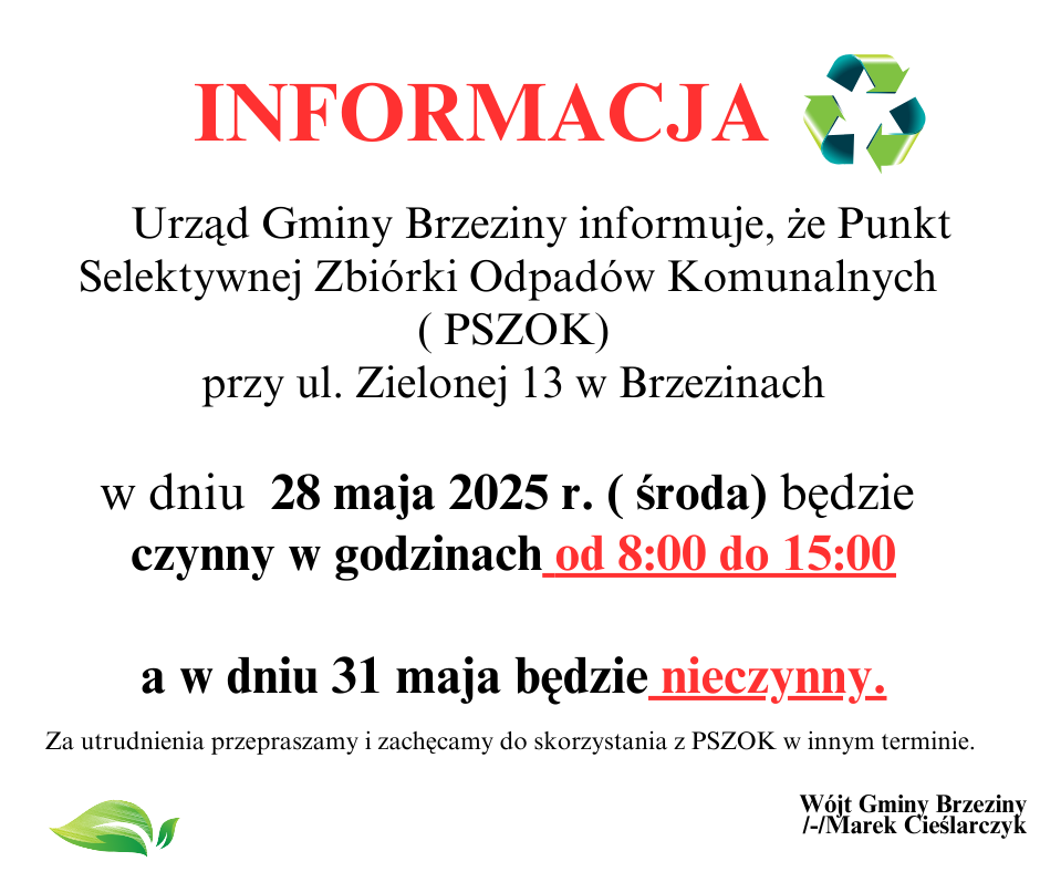 Informacja dotycząca pracy PSZOK-u w dniu 28.05.2025r. oraz 31.05.2025r.