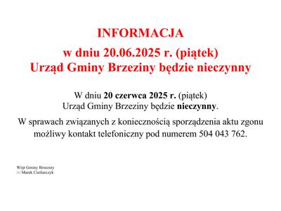 20.06.2025 Urząd Gminy Brzeziny nieczynny