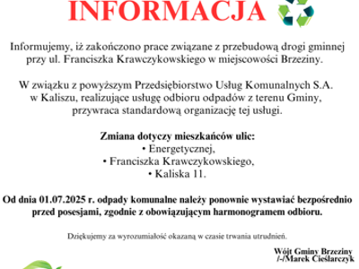 Informacja dotycząca zmiany odbioru odpadów komunalnych mieszkańców Brzezin z ulicy Energetycznej, Fr. Krawczykowskiego oraz Kaliskiej 11