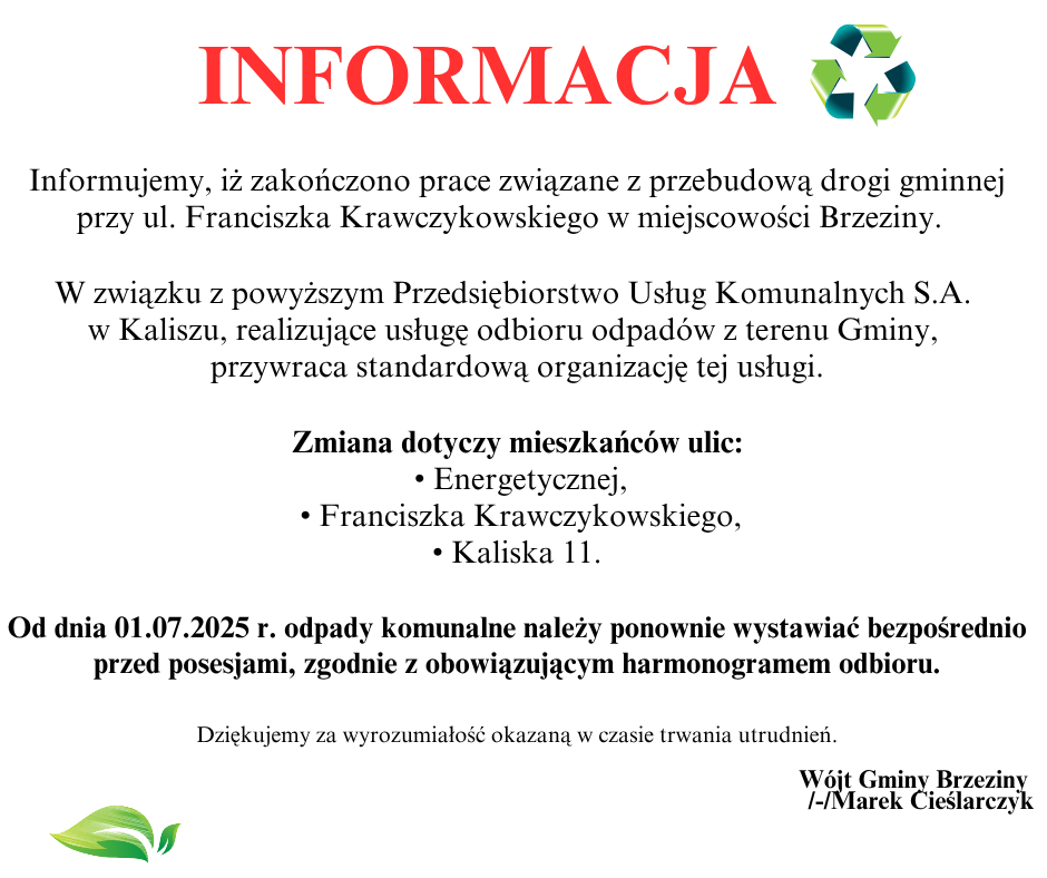Informacja dotycząca zmiany odbioru odpadów komunalnych mieszkańców Brzezin z ulicy Energetycznej, Fr. Krawczykowskiego oraz Kaliskiej 11