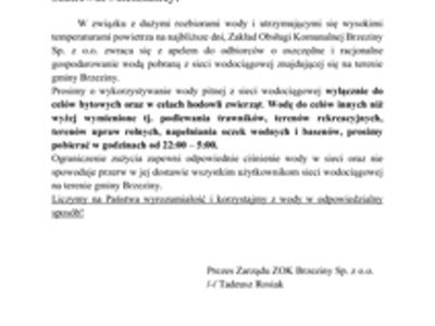 Apel o racjonalne korzystanie z wody pitnej