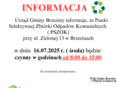 Informacja dotycząca pracy PSZOK-u w dniu 16.07.2025r.