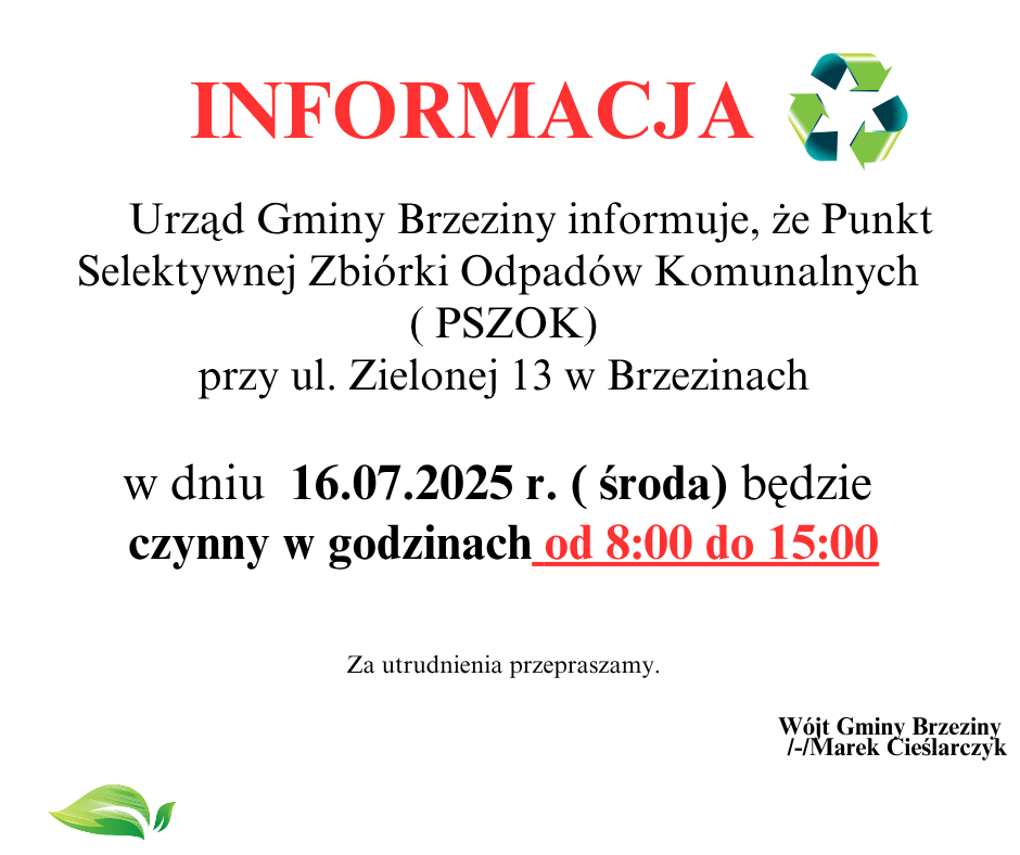 Informacja dotycząca pracy PSZOK-u w dniu 16.07.2025r.