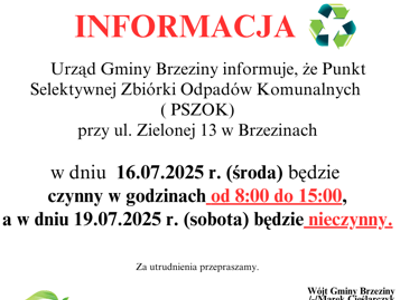 Informacja dotycząca pracy PSZOK-u w dniu 16.07.2025r. oraz 19.07.2025r.