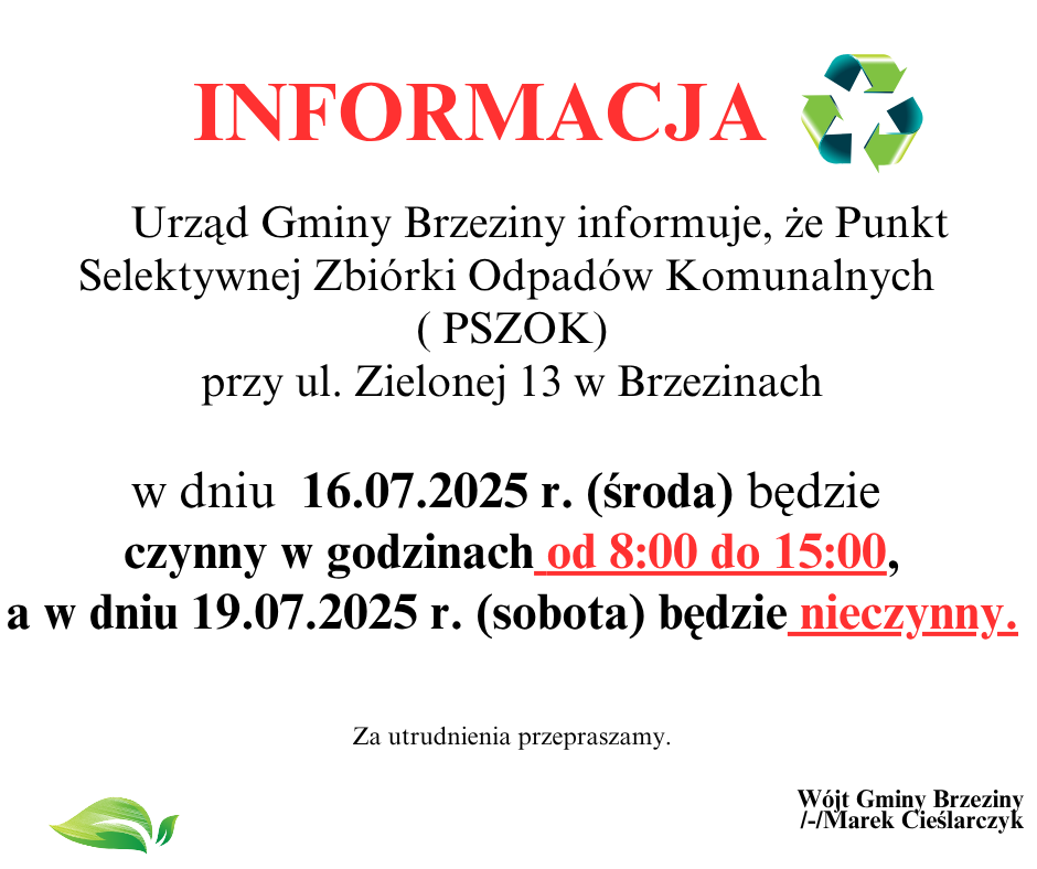 Informacja dotycząca pracy PSZOK-u w dniu 16.07.2025r. oraz 19.07.2025r.