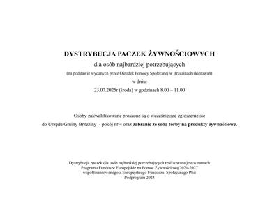 DYSTRYBUCJA PACZEK ŻYWNOŚCIOWYCH w dniu 23.07.2025r.